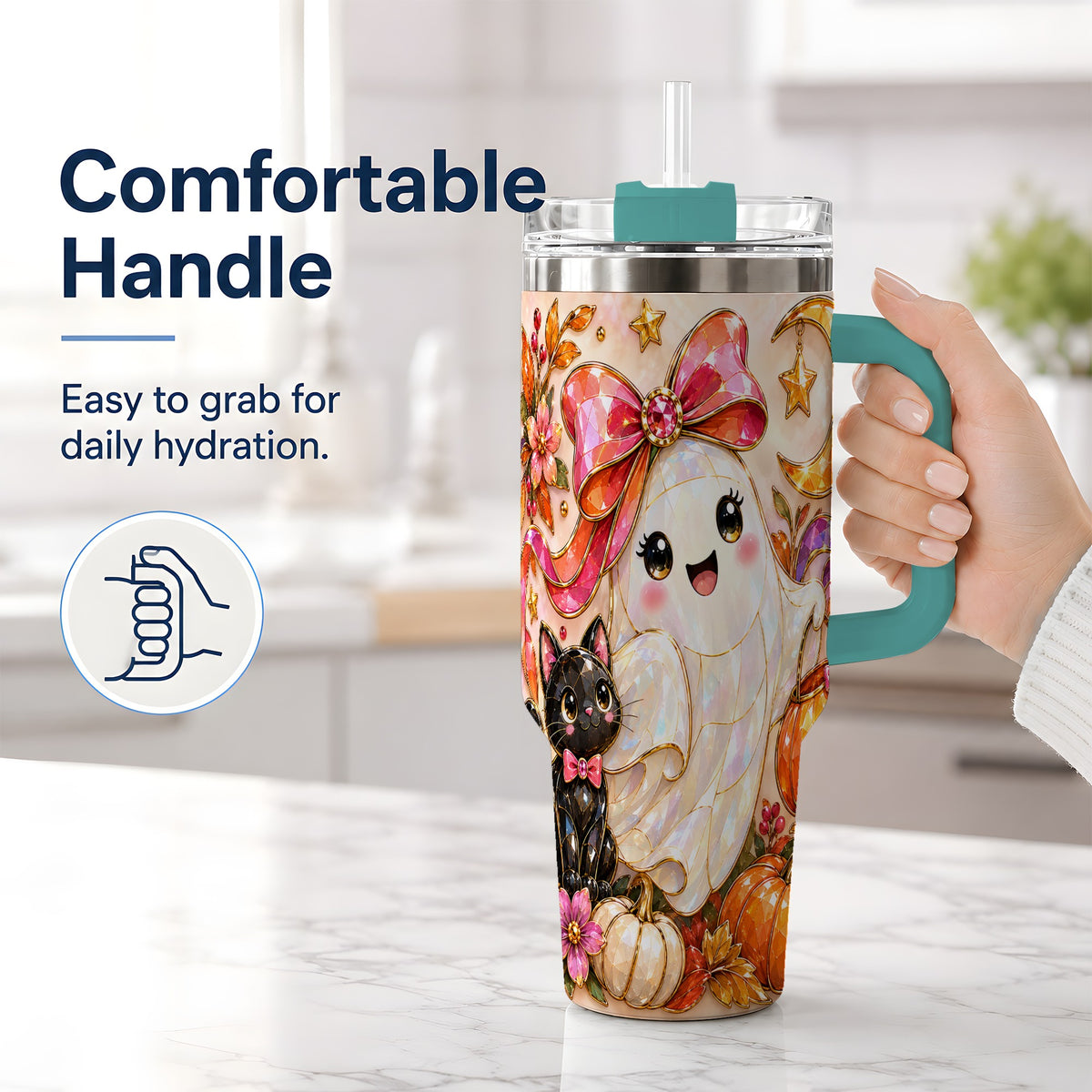 #pl[40oz|Green] Cute Halloween Ghost Cat 40oz Tumbler, Pumpkin Moon Artwork