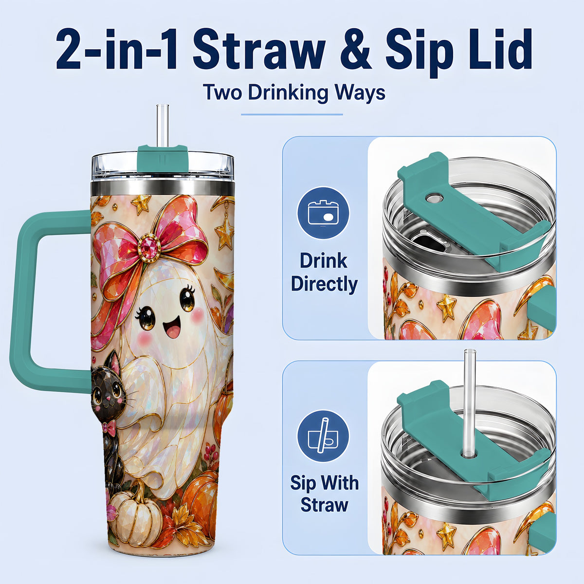#pl[40oz|Green] Cute Halloween Ghost Cat 40oz Tumbler, Pumpkin Moon Artwork