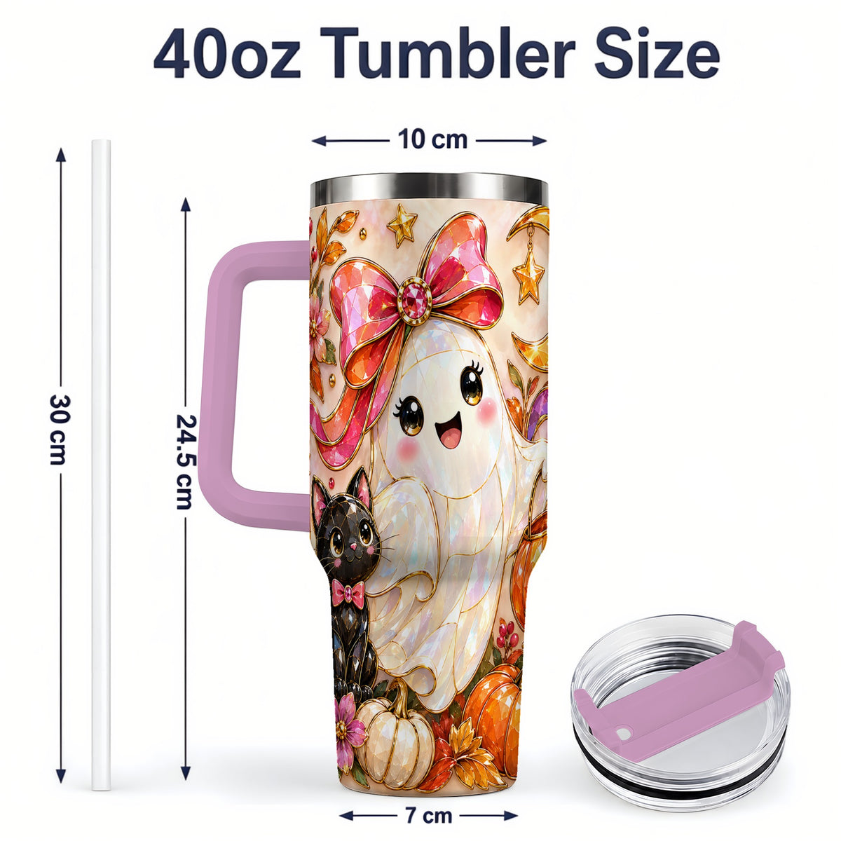 #pl[40oz|Pink] Cute Halloween Ghost Cat 40oz Tumbler, Pumpkin Moon Artwork