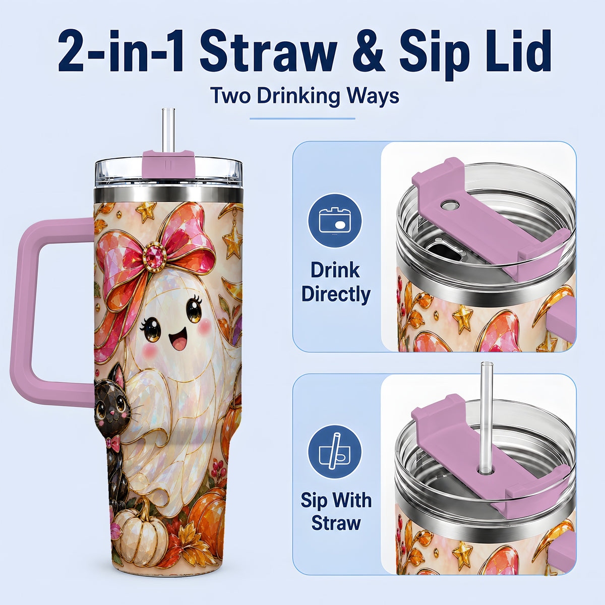#pl[40oz|Pink] Cute Halloween Ghost Cat 40oz Tumbler, Pumpkin Moon Artwork