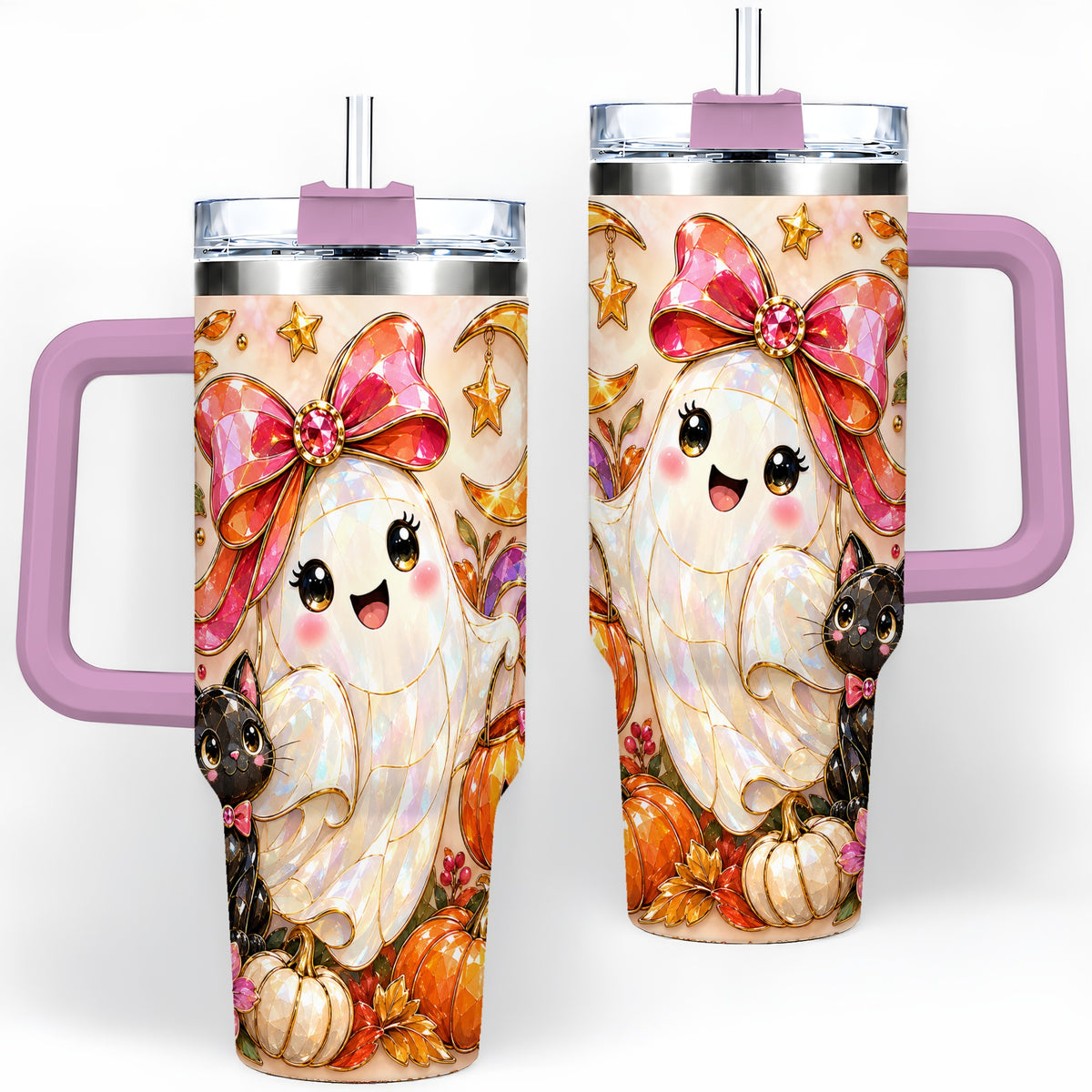 #pl[40oz|Pink] Cute Halloween Ghost Cat 40oz Tumbler, Pumpkin Moon Artwork