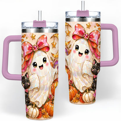 #pl[40oz|Pink] Cute Halloween Ghost Cat 40oz Tumbler, Pumpkin Moon Artwork