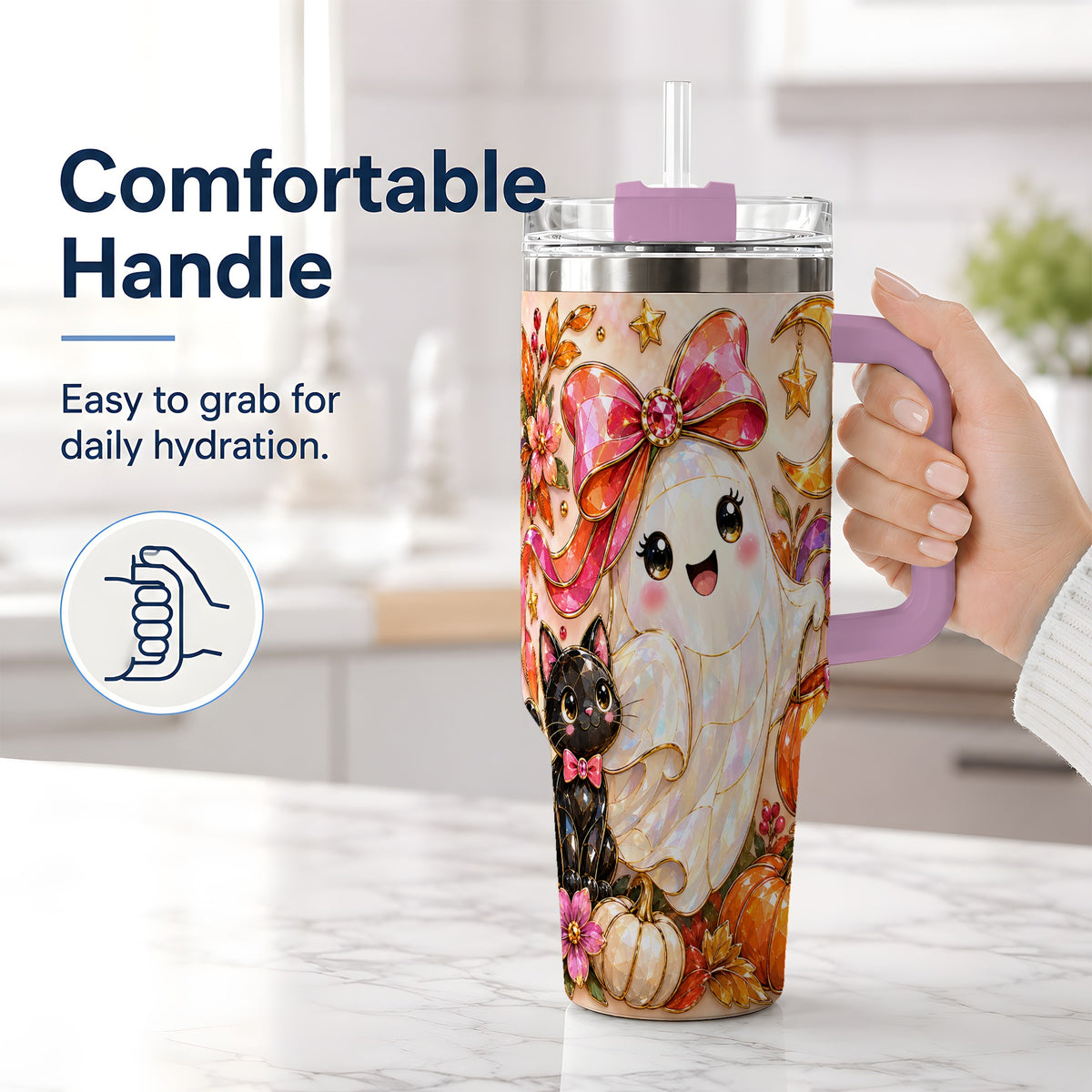 #pl[40oz|Pink] Cute Halloween Ghost Cat 40oz Tumbler, Pumpkin Moon Artwork