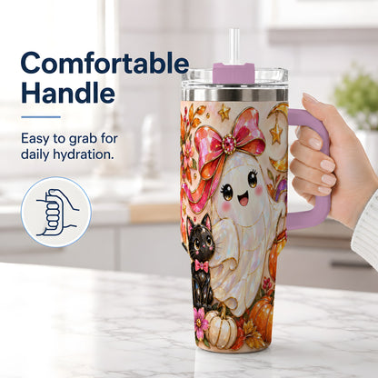 #pl[40oz|Pink] Cute Halloween Ghost Cat 40oz Tumbler, Pumpkin Moon Artwork