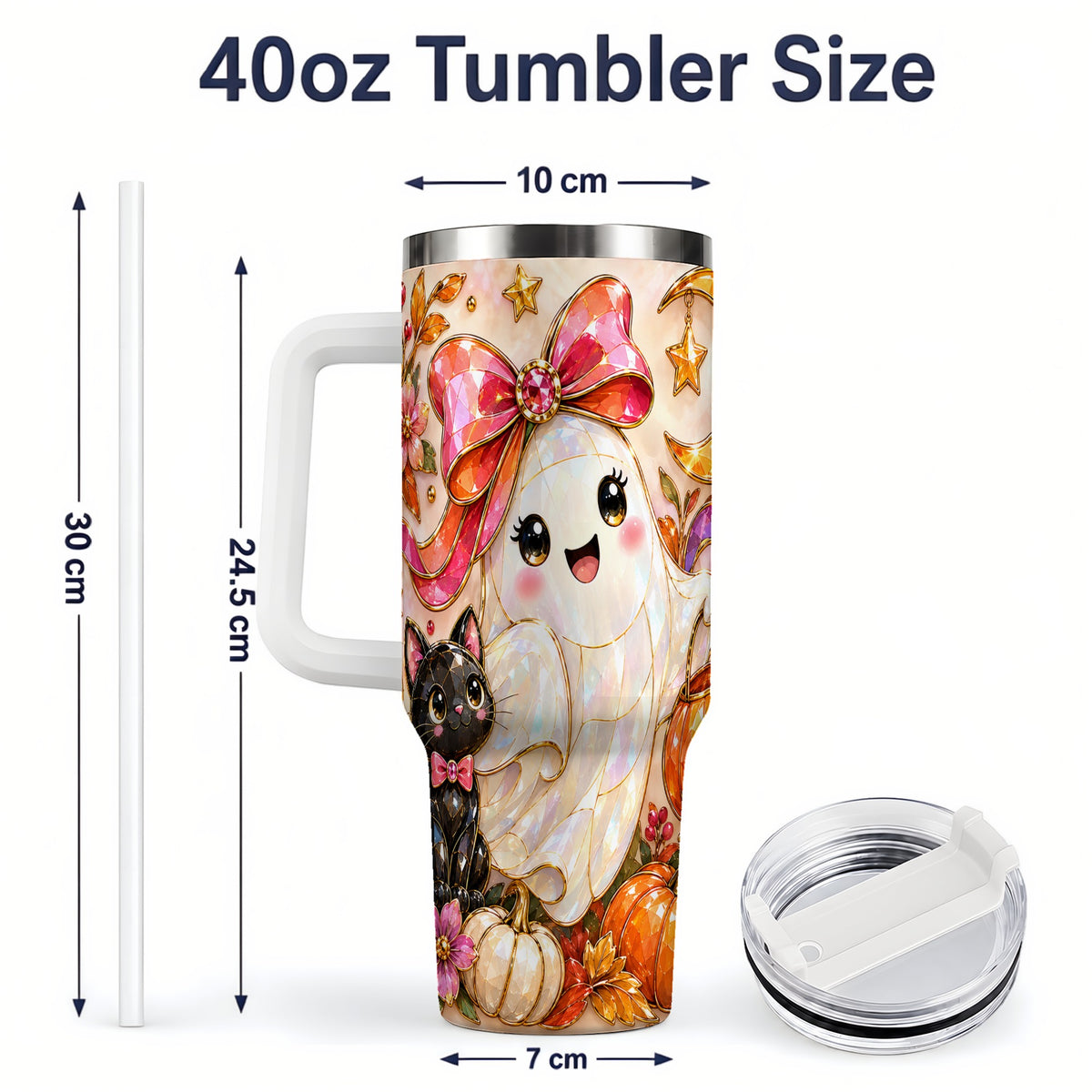 #pl[40oz|White] Cute Halloween Ghost Cat 40oz Tumbler, Pumpkin Moon Artwork