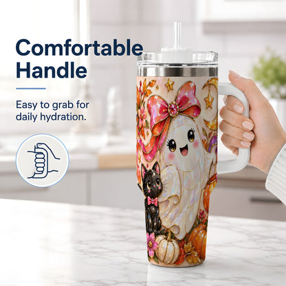 #pl[40oz|White] Cute Halloween Ghost Cat 40oz Tumbler, Pumpkin Moon Artwork