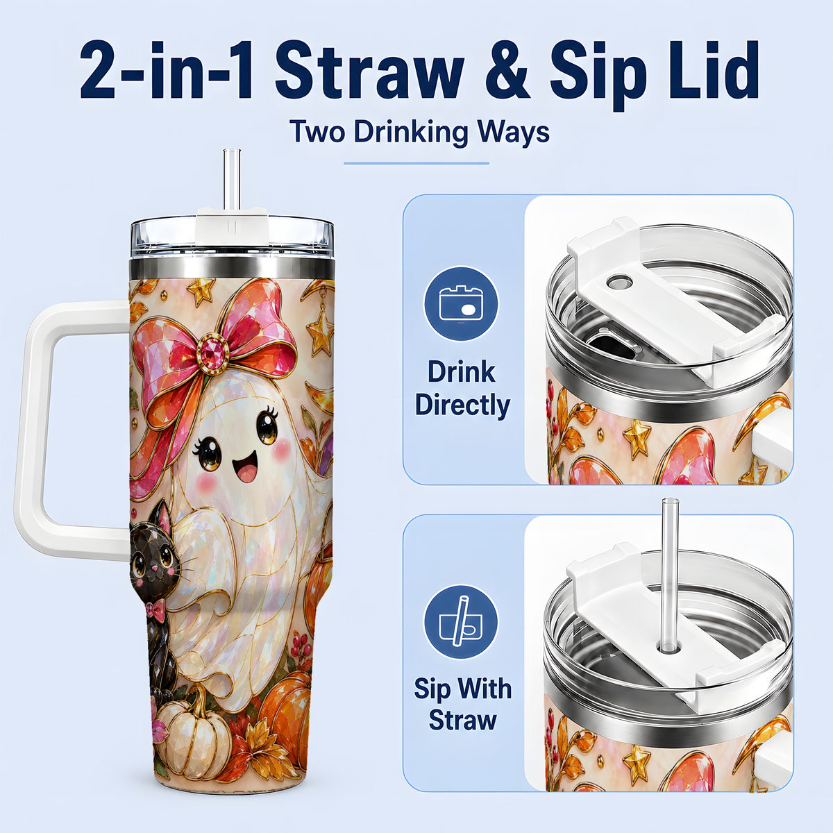 #pl[40oz|White] Cute Halloween Ghost Cat 40oz Tumbler, Pumpkin Moon Artwork