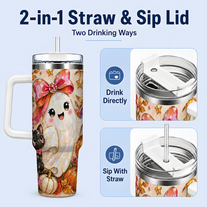 #pl[40oz|White] Cute Halloween Ghost Cat 40oz Tumbler, Pumpkin Moon Artwork
