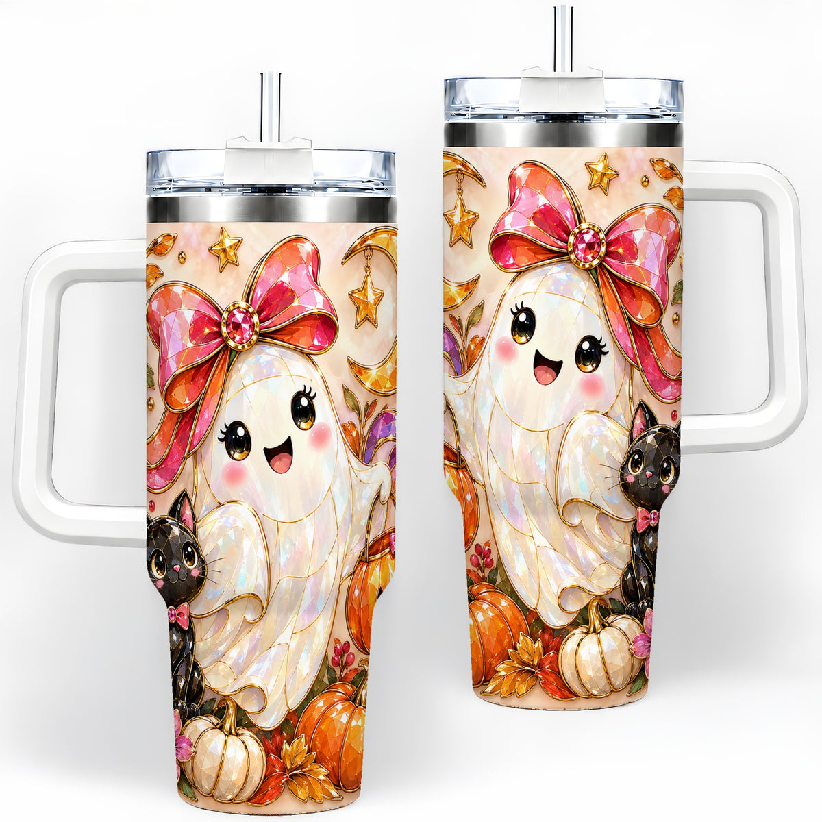 Cute Halloween Ghost Cat 40oz Tumbler, Pumpkin Moon Artwork