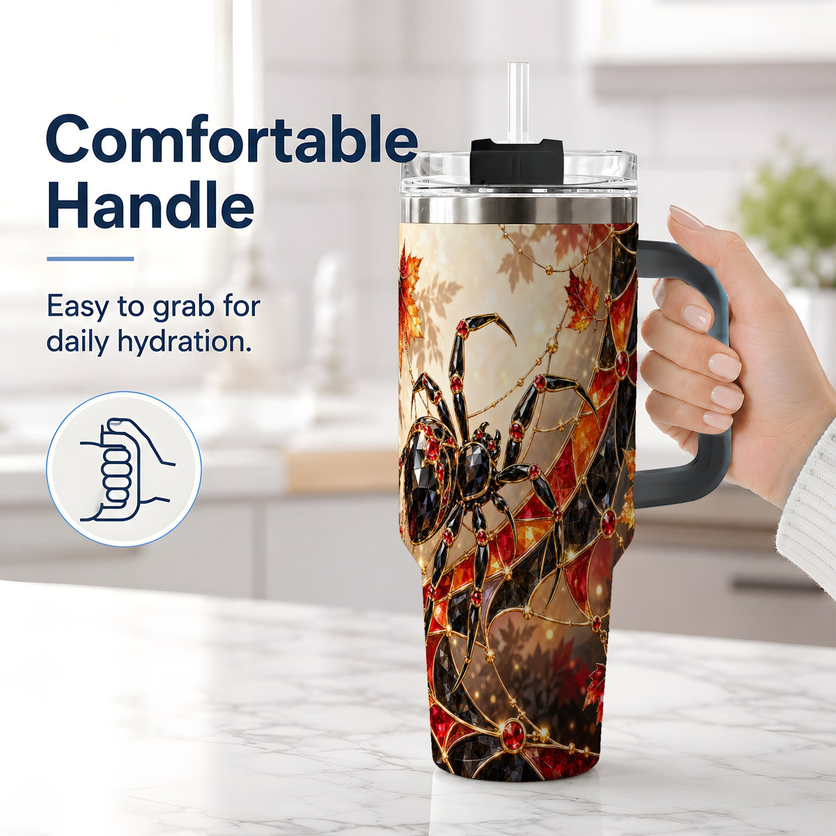 #pl[40oz|Black] Halloween Spider Web 40oz Tumbler, Autumn Maple Leaf Artwork