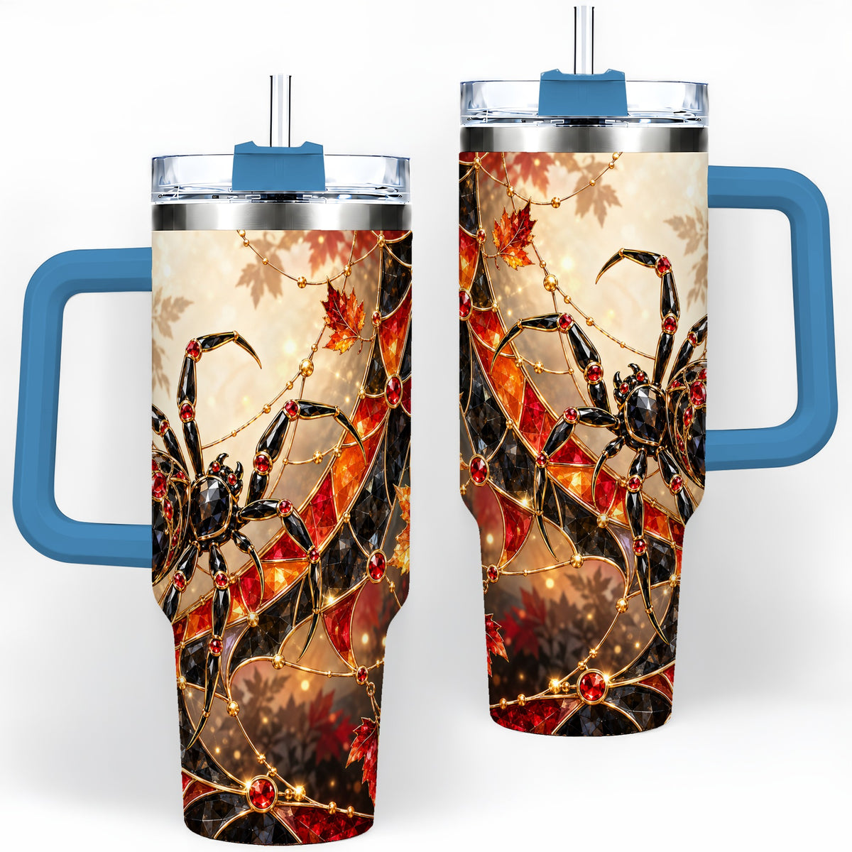 #pl[40oz|Blue] Halloween Spider Web 40oz Tumbler, Autumn Maple Leaf Artwork