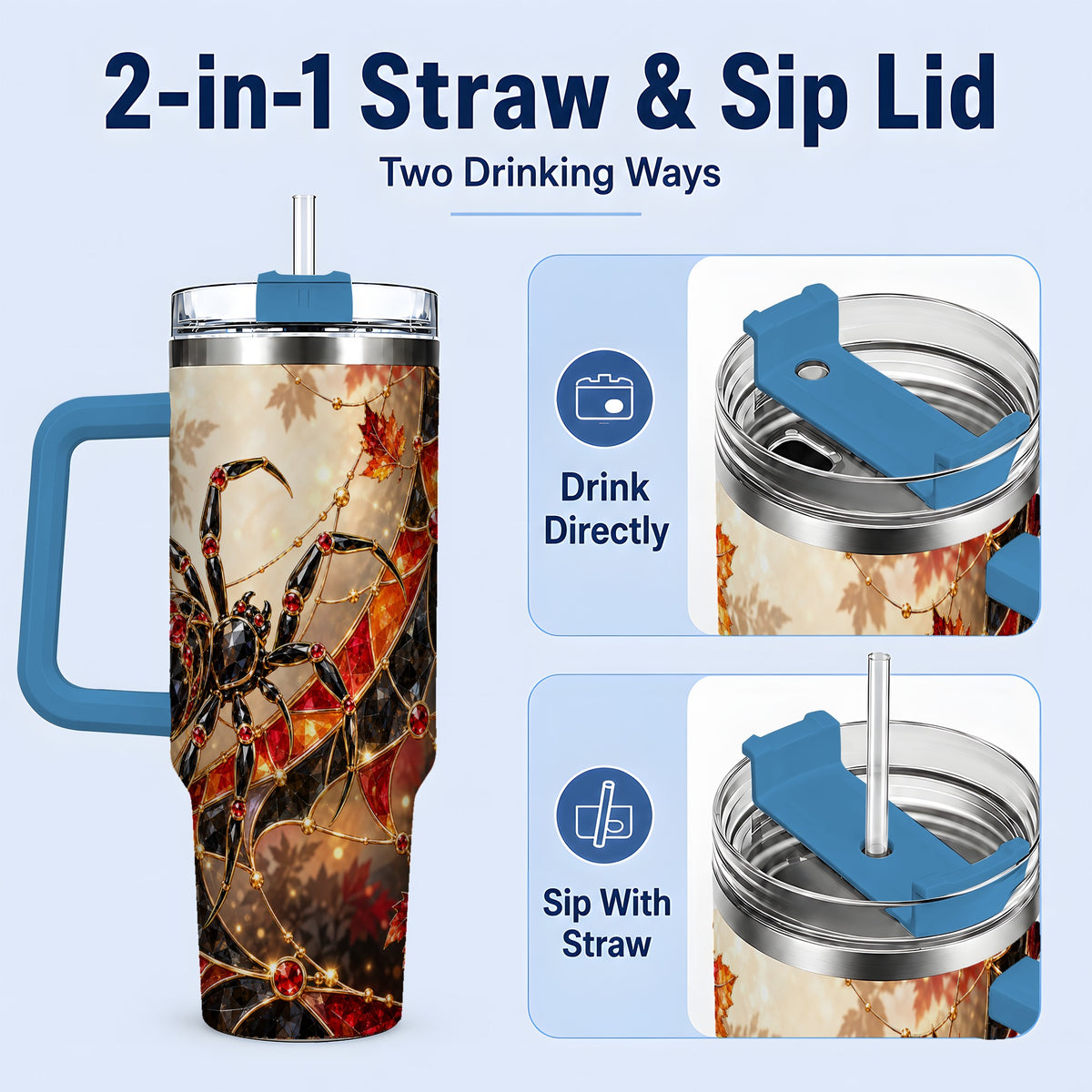 #pl[40oz|Blue] Halloween Spider Web 40oz Tumbler, Autumn Maple Leaf Artwork
