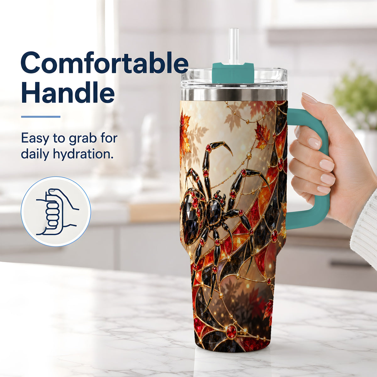 #pl[40oz|Green] Halloween Spider Web 40oz Tumbler, Autumn Maple Leaf Artwork