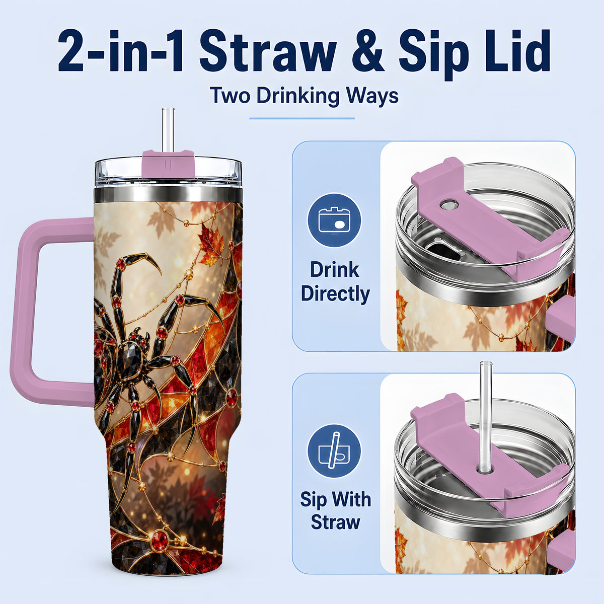 #pl[40oz|Pink] Halloween Spider Web 40oz Tumbler, Autumn Maple Leaf Artwork