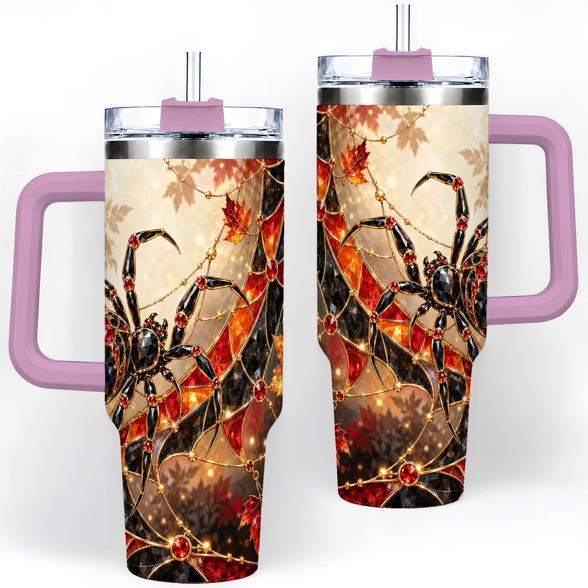 #pl[40oz|Pink] Halloween Spider Web 40oz Tumbler, Autumn Maple Leaf Artwork