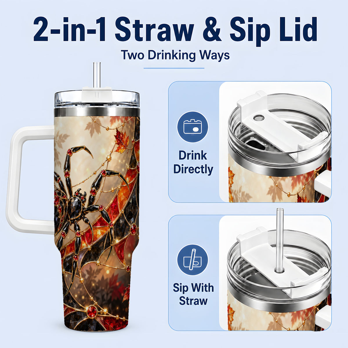 #pl[40oz|White] Halloween Spider Web 40oz Tumbler, Autumn Maple Leaf Artwork
