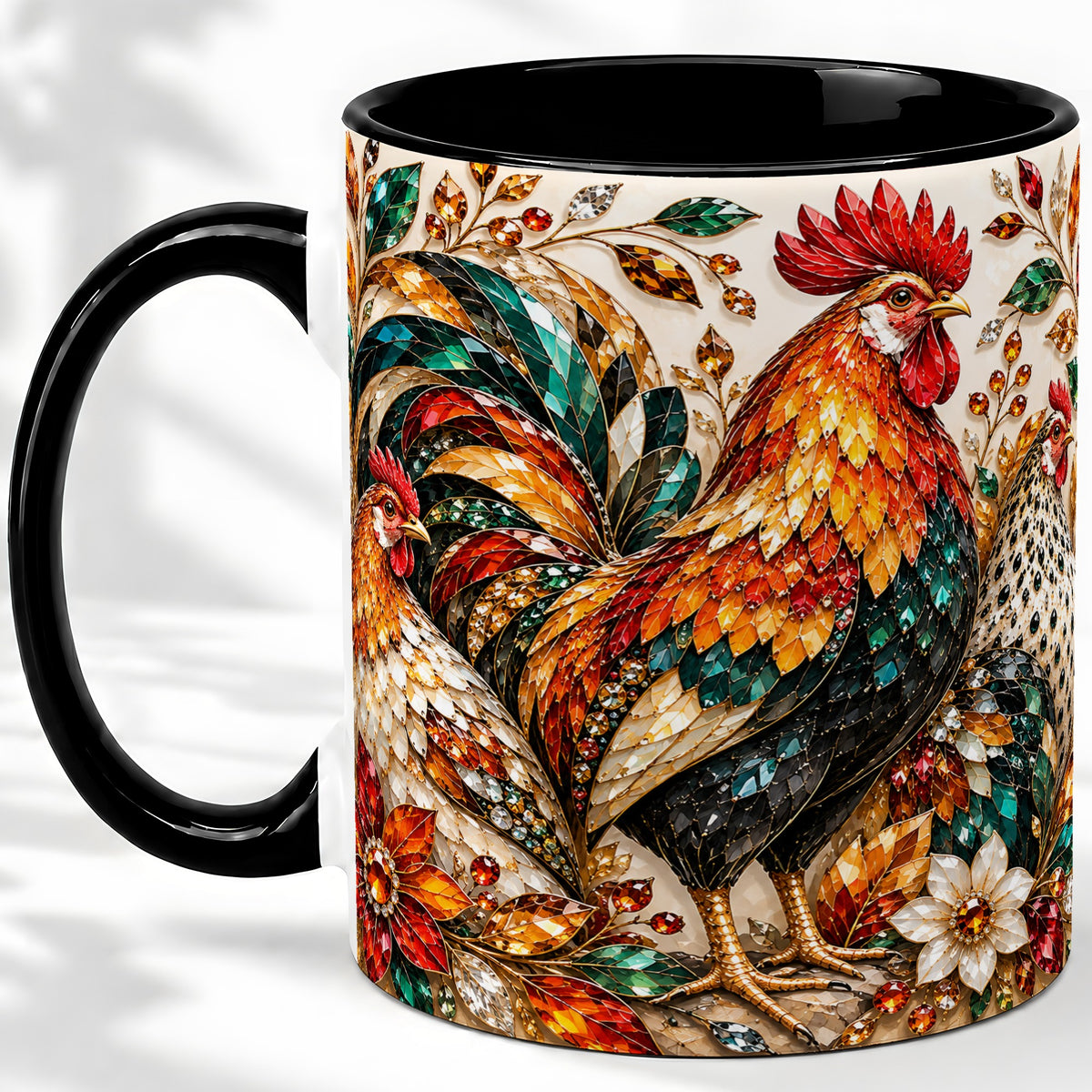 #pl[11oz|Black] Autumn Chicken Ceramic Mug with Rooster and Gemstone Style Artwork
