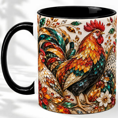 #pl[11oz|Black] Autumn Chicken Ceramic Mug with Rooster and Gemstone Style Artwork