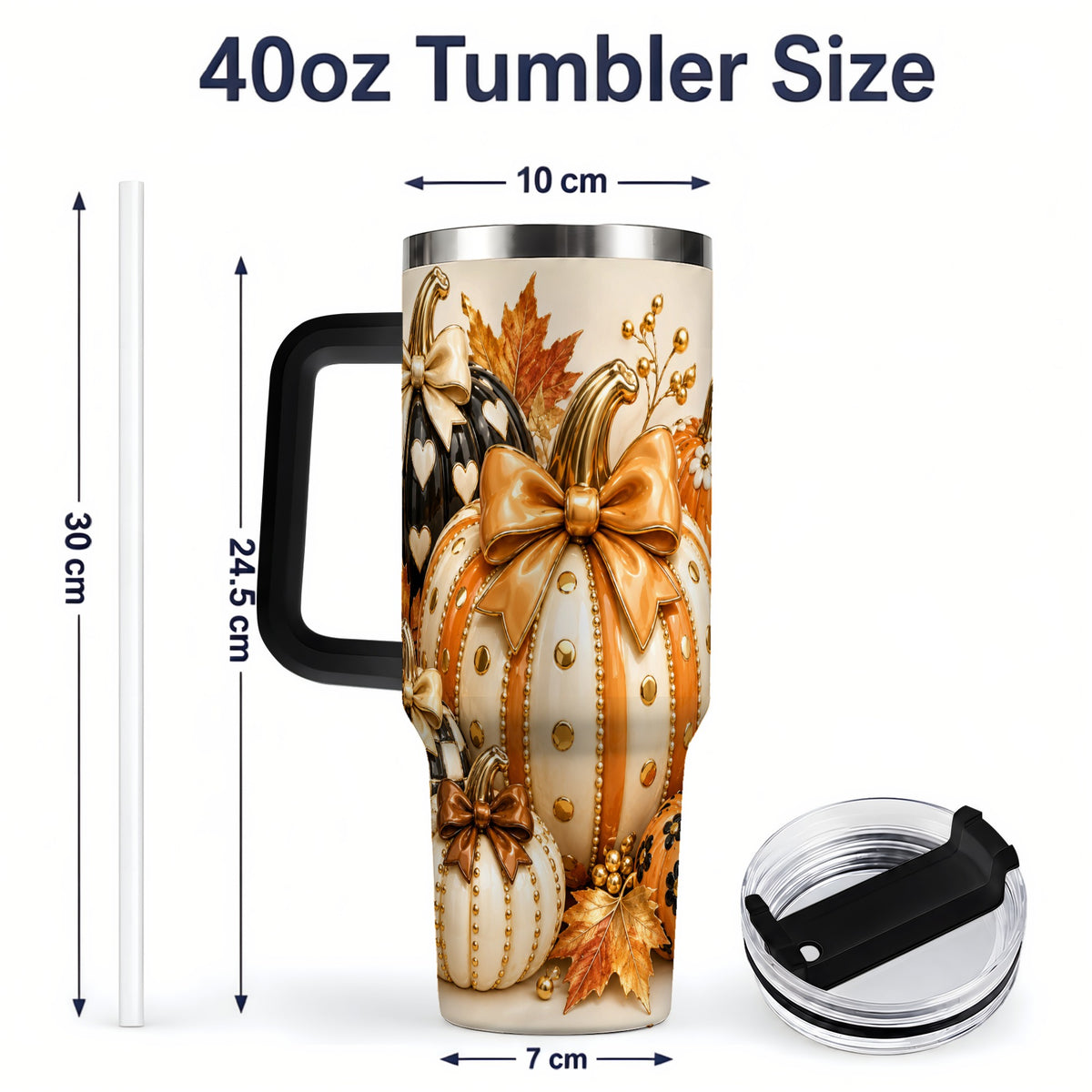 #pl[40oz|Black] Cute Fall Pumpkin Bow 40oz Tumbler, Floral Polka Dot Artwork
