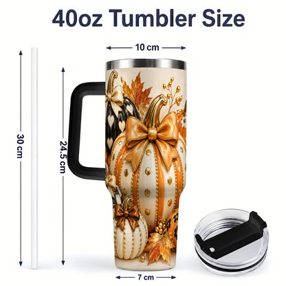 #pl[40oz|Black] Cute Fall Pumpkin Bow 40oz Tumbler, Floral Polka Dot Artwork
