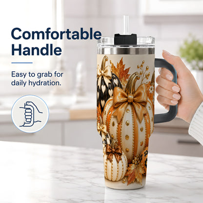 #pl[40oz|Black] Cute Fall Pumpkin Bow 40oz Tumbler, Floral Polka Dot Artwork