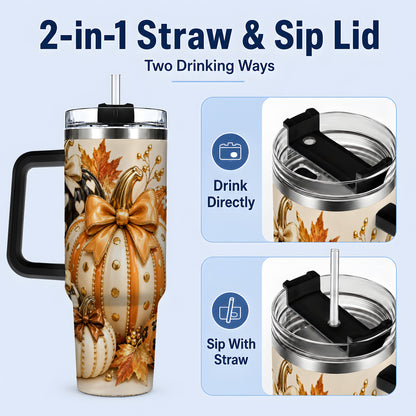 #pl[40oz|Black] Cute Fall Pumpkin Bow 40oz Tumbler, Floral Polka Dot Artwork
