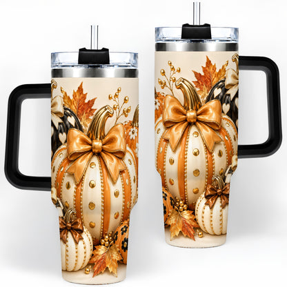 #pl[40oz|Black] Cute Fall Pumpkin Bow 40oz Tumbler, Floral Polka Dot Artwork