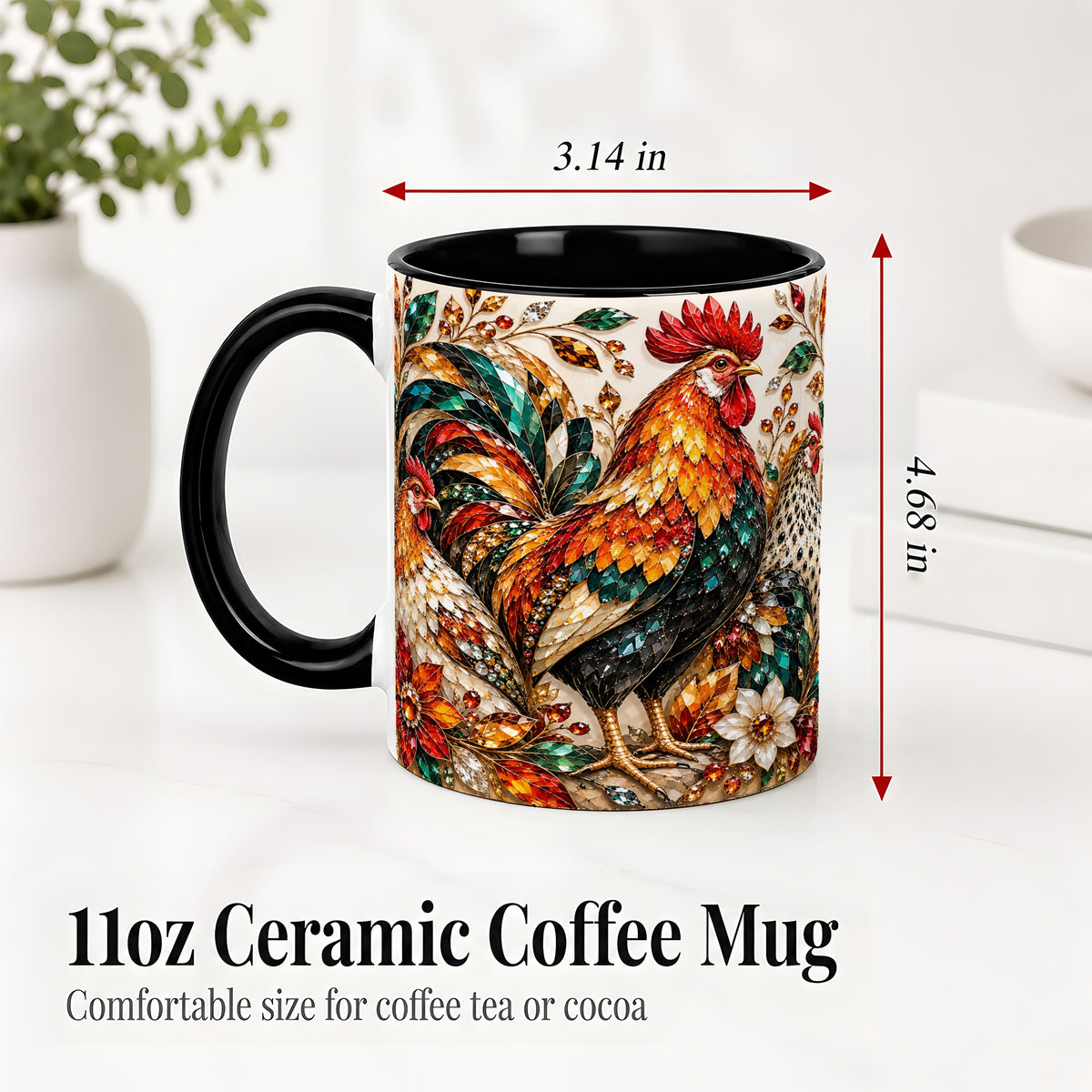 #pl[11oz|Black] Autumn Chicken Ceramic Mug with Rooster and Gemstone Style Artwork