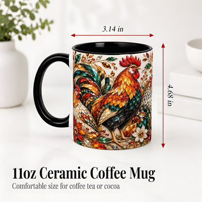 #pl[11oz|Black] Autumn Chicken Ceramic Mug with Rooster and Gemstone Style Artwork