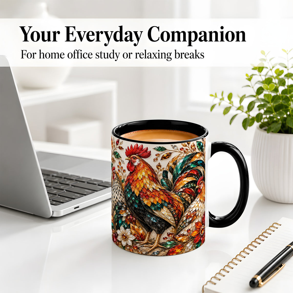 #pl[11oz|Black] Autumn Chicken Ceramic Mug with Rooster and Gemstone Style Artwork