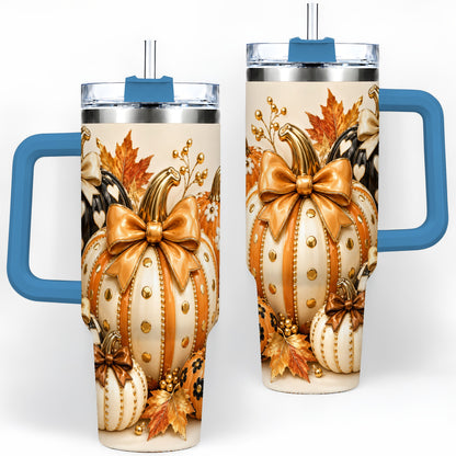 #pl[40oz|Blue] Cute Fall Pumpkin Bow 40oz Tumbler, Floral Polka Dot Artwork
