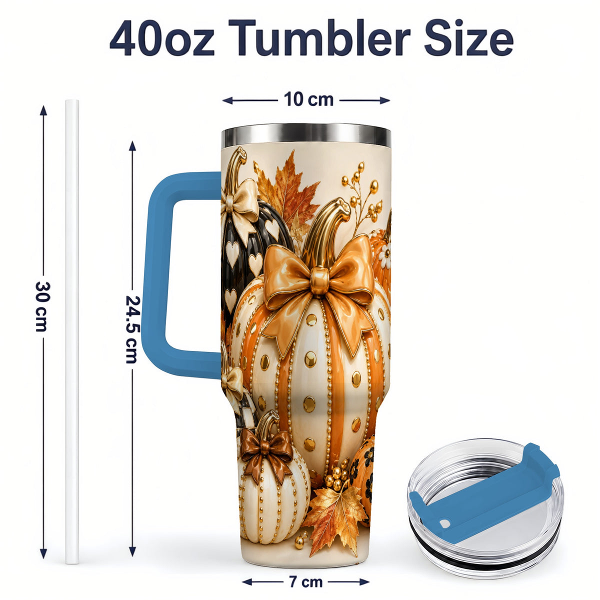 #pl[40oz|Blue] Cute Fall Pumpkin Bow 40oz Tumbler, Floral Polka Dot Artwork