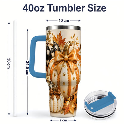 #pl[40oz|Blue] Cute Fall Pumpkin Bow 40oz Tumbler, Floral Polka Dot Artwork