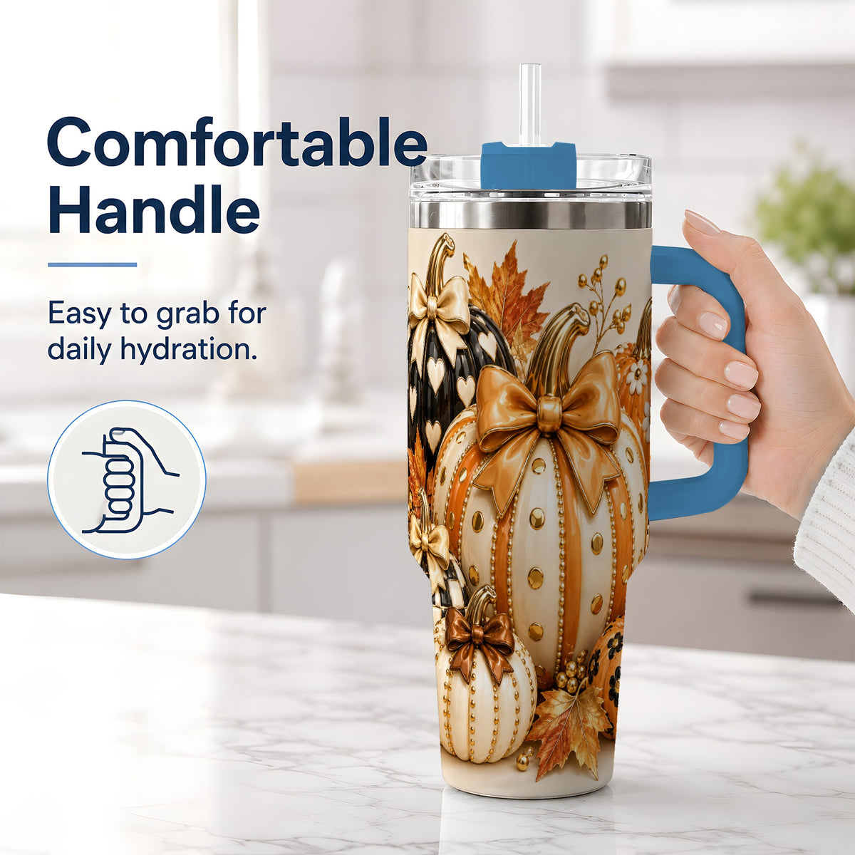 #pl[40oz|Blue] Cute Fall Pumpkin Bow 40oz Tumbler, Floral Polka Dot Artwork
