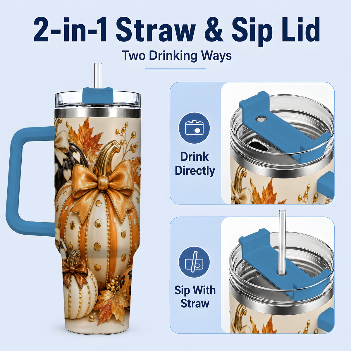 #pl[40oz|Blue] Cute Fall Pumpkin Bow 40oz Tumbler, Floral Polka Dot Artwork