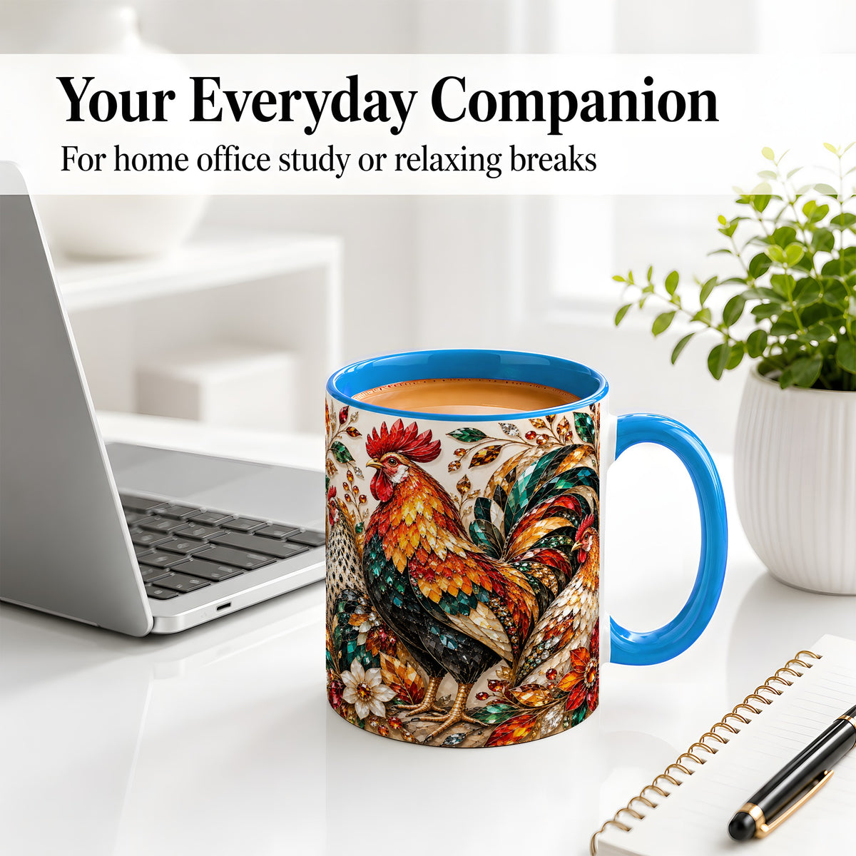 #pl[11oz|Blue] Autumn Chicken Ceramic Mug with Rooster and Gemstone Style Artwork