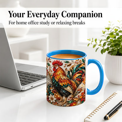 #pl[11oz|Blue] Autumn Chicken Ceramic Mug with Rooster and Gemstone Style Artwork