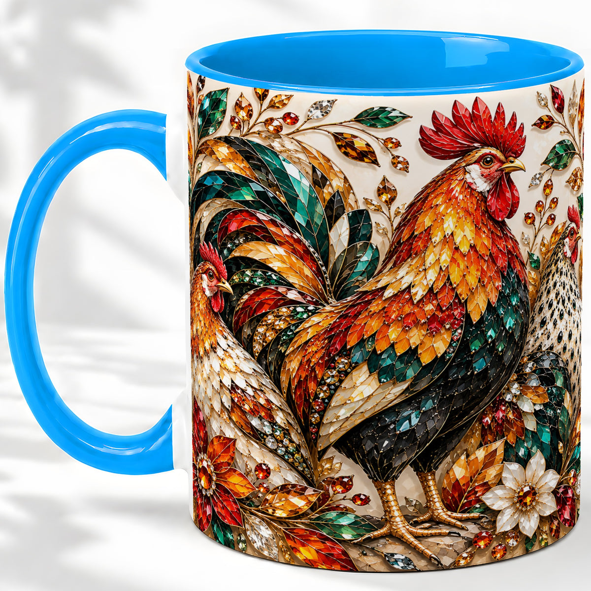 #pl[11oz|Blue] Autumn Chicken Ceramic Mug with Rooster and Gemstone Style Artwork