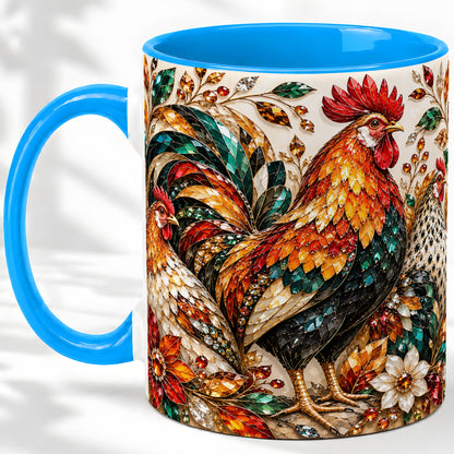 #pl[11oz|Blue] Autumn Chicken Ceramic Mug with Rooster and Gemstone Style Artwork