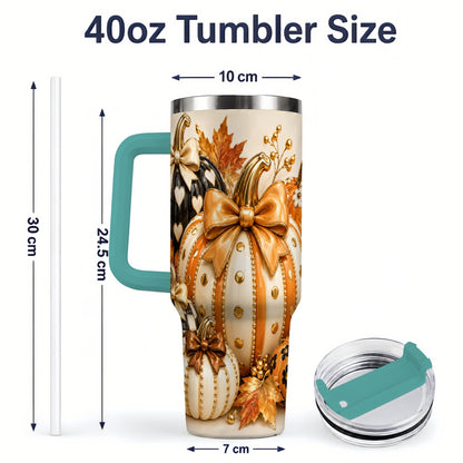 #pl[40oz|Green] Cute Fall Pumpkin Bow 40oz Tumbler, Floral Polka Dot Artwork