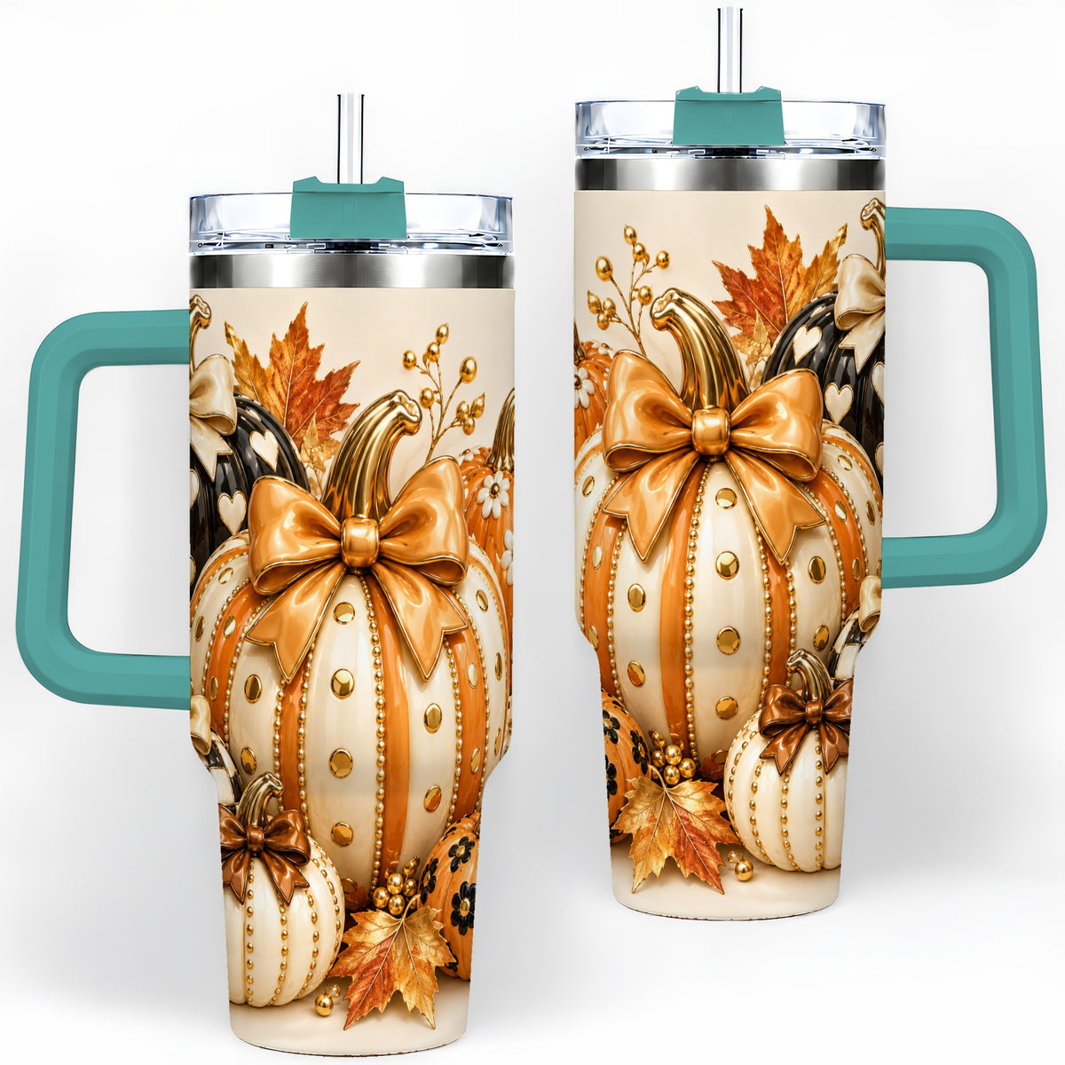 #pl[40oz|Green] Cute Fall Pumpkin Bow 40oz Tumbler, Floral Polka Dot Artwork