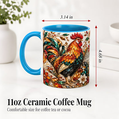 #pl[11oz|Blue] Autumn Chicken Ceramic Mug with Rooster and Gemstone Style Artwork