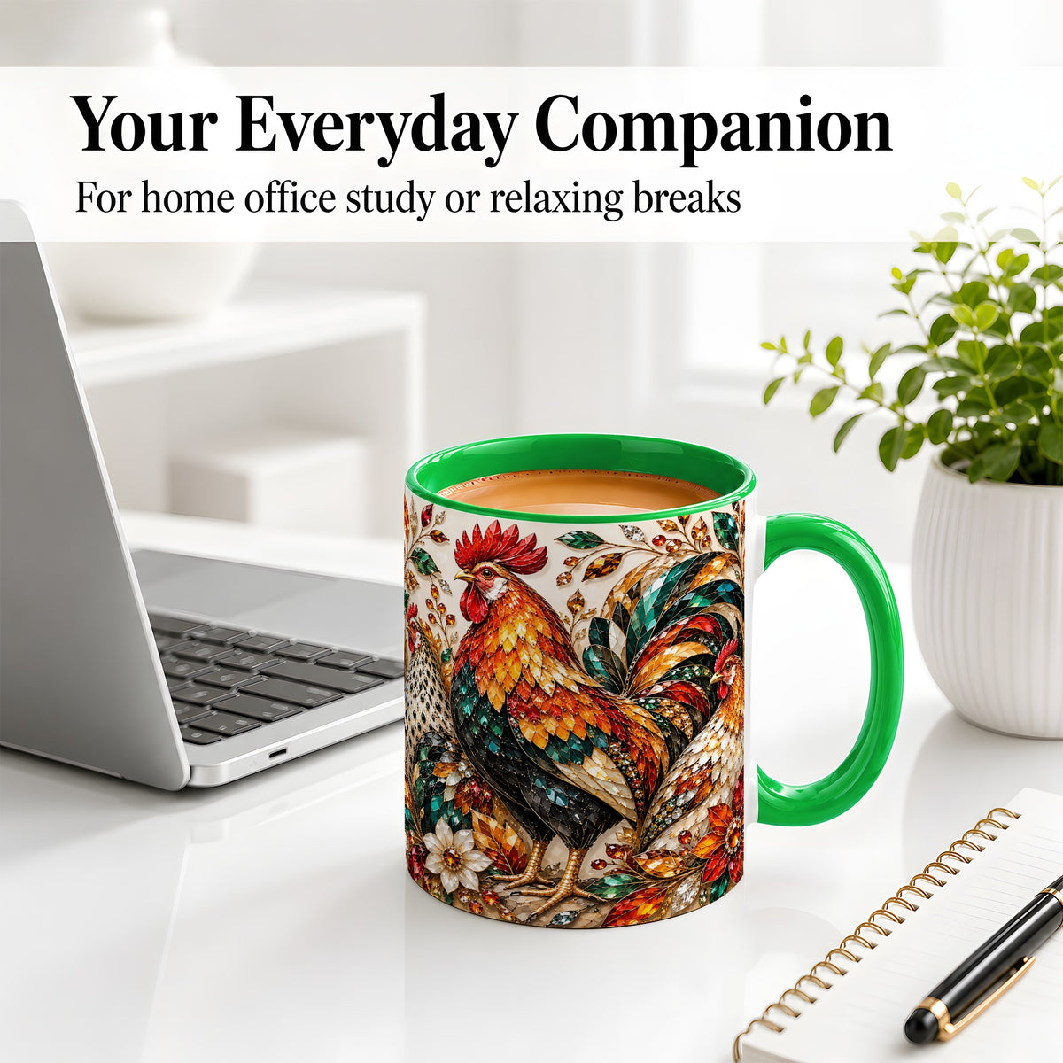 #pl[11oz|Green] Autumn Chicken Ceramic Mug with Rooster and Gemstone Style Artwork