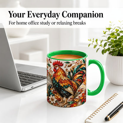 #pl[11oz|Green] Autumn Chicken Ceramic Mug with Rooster and Gemstone Style Artwork