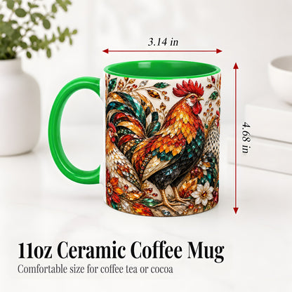 #pl[11oz|Green] Autumn Chicken Ceramic Mug with Rooster and Gemstone Style Artwork