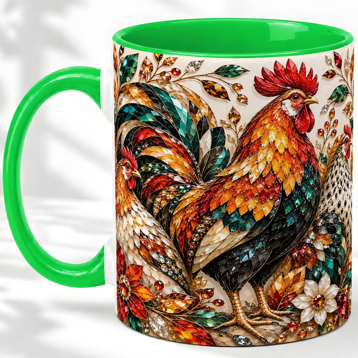 #pl[11oz|Green] Autumn Chicken Ceramic Mug with Rooster and Gemstone Style Artwork