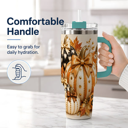 #pl[40oz|Green] Cute Fall Pumpkin Bow 40oz Tumbler, Floral Polka Dot Artwork