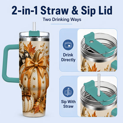 #pl[40oz|Green] Cute Fall Pumpkin Bow 40oz Tumbler, Floral Polka Dot Artwork