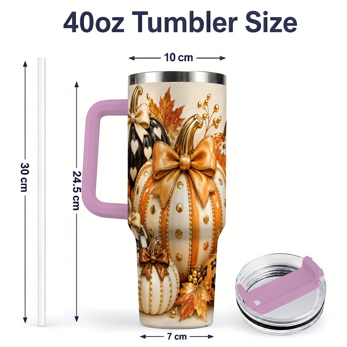 #pl[40oz|Pink] Cute Fall Pumpkin Bow 40oz Tumbler, Floral Polka Dot Artwork