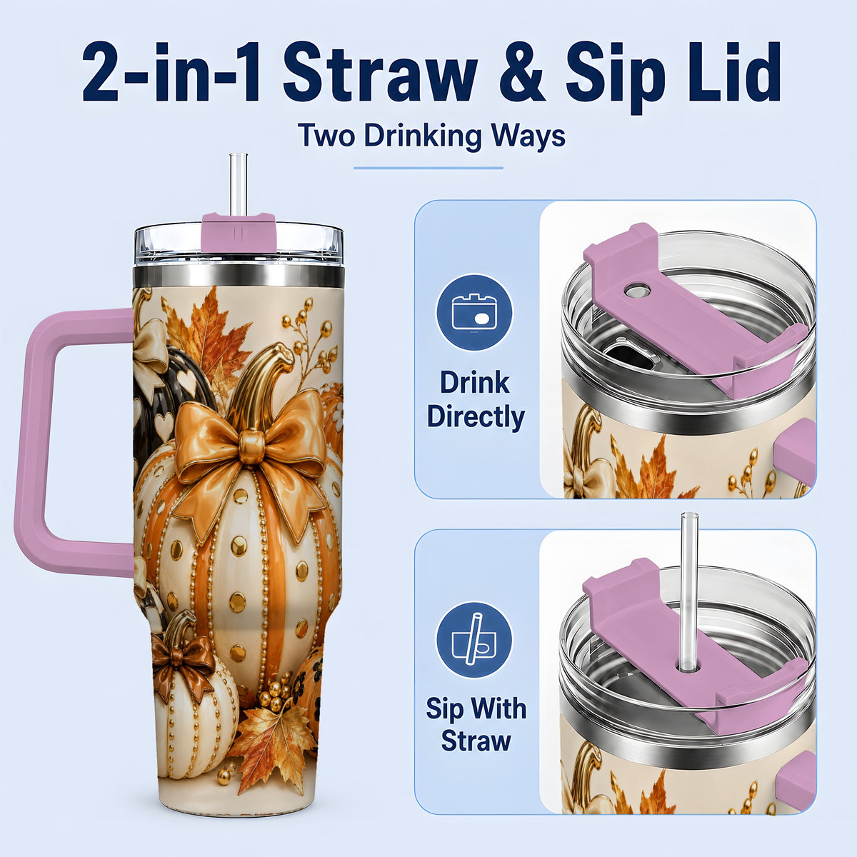 #pl[40oz|Pink] Cute Fall Pumpkin Bow 40oz Tumbler, Floral Polka Dot Artwork